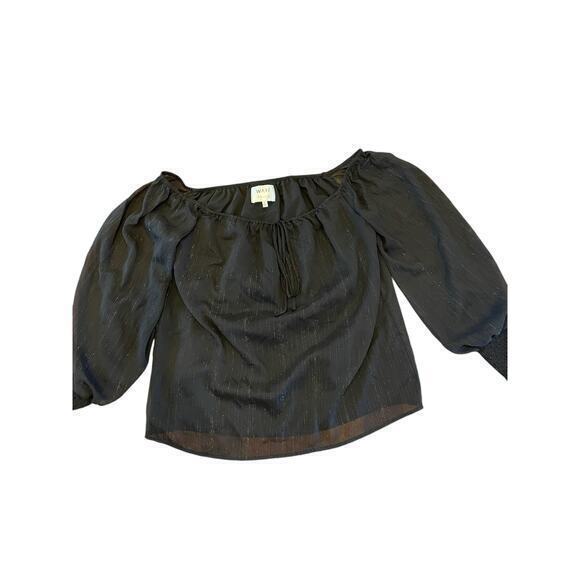 WAYF x BFF Sarah Silver Metallic & Black Off the Shoulder Top Sheer Long Sleeves - Picture 5 of 12